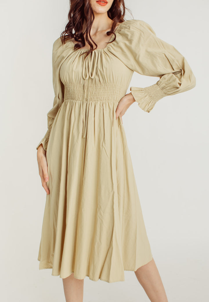 Vanessa Beige Square Neck Tie Bust Long Sleeves Smocked Waist Midi Dress