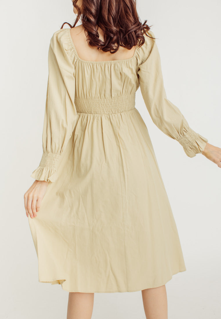 Vanessa Beige Square Neck Tie Bust Long Sleeves Smocked Waist Midi Dress