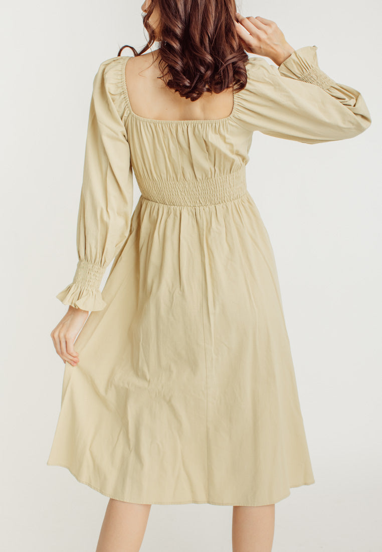 Vanessa Beige Square Neck Tie Bust Long Sleeves Smocked Waist Midi Dress