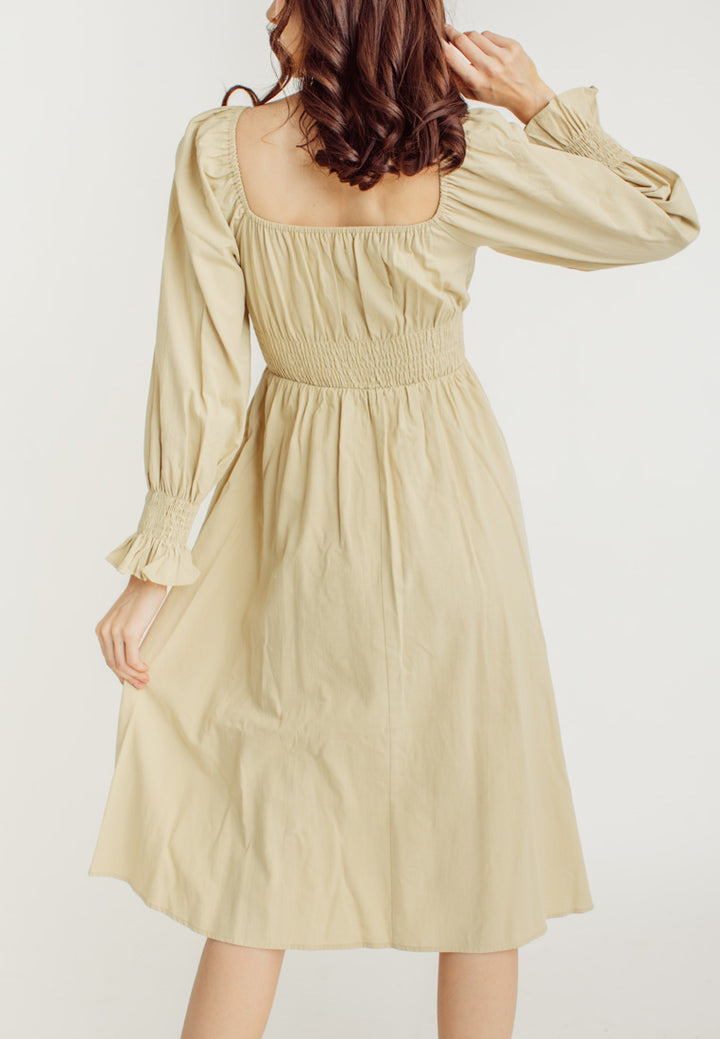 Vanessa Beige Square Neck Tie Bust Long Sleeves Smocked Waist Midi Dress