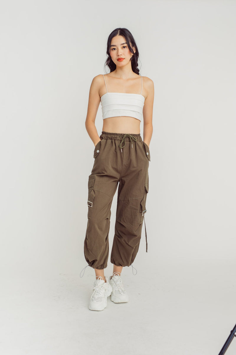 Trent Green Drawstring Elastic Waist Multi-Pockets Cargo Pants