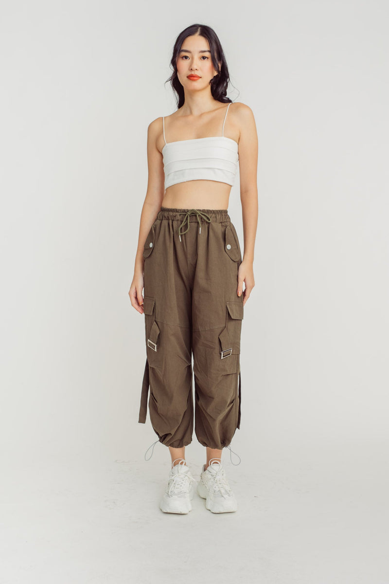 Trent Green Drawstring Elastic Waist Multi-Pockets Cargo Pants