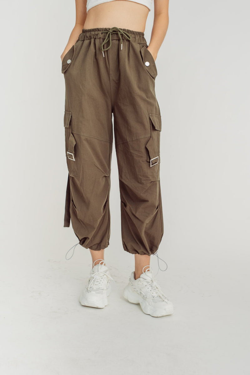Trent Green Drawstring Elastic Waist Multi-Pockets Cargo Pants
