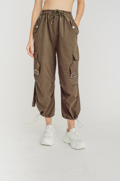 Trent Green Drawstring Elastic Waist Multi-Pockets Cargo Pants