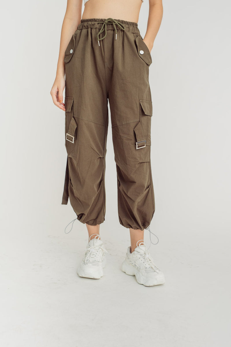 Trent Green Drawstring Elastic Waist Multi-Pockets Cargo Pants