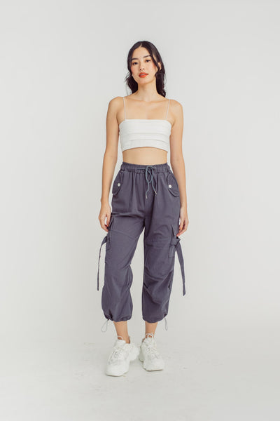 Trent Grey Drawstring Elastic Waist Multi-Pockets Cargo Pants
