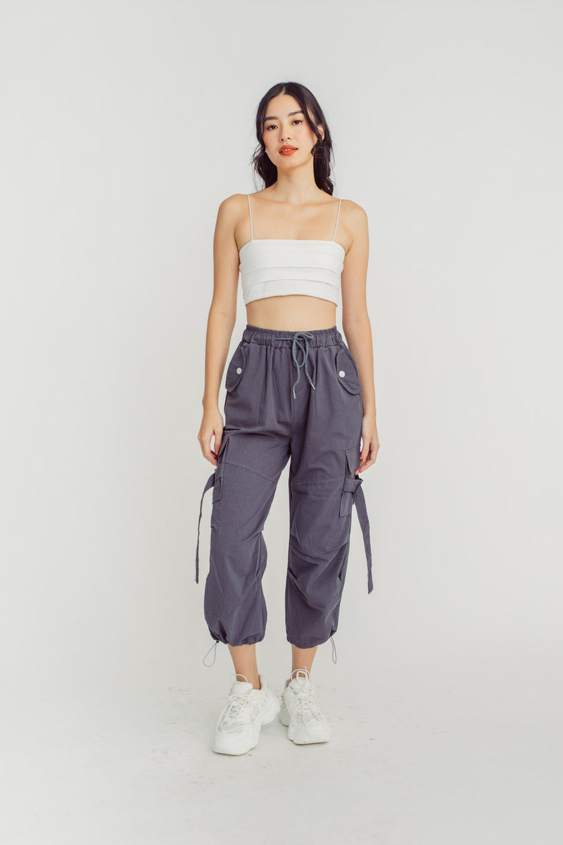 Trent Grey Drawstring Elastic Waist Multi-Pockets Cargo Pants