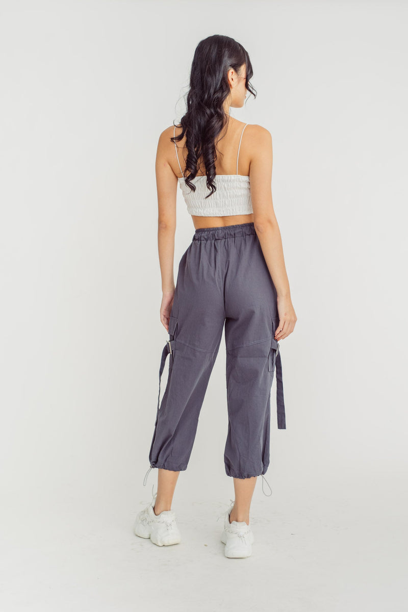 Trent Grey Drawstring Elastic Waist Multi-Pockets Cargo Pants