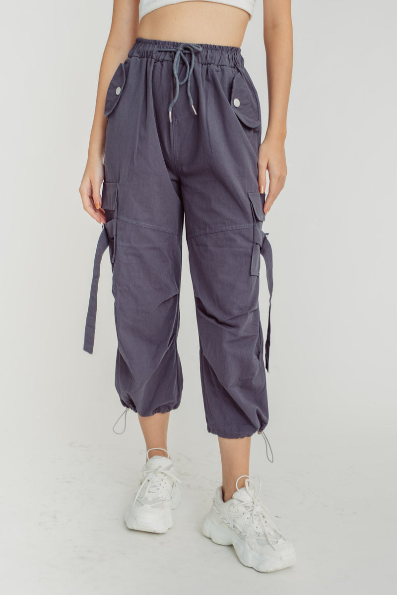 Trent Grey Drawstring Elastic Waist Multi-Pockets Cargo Pants