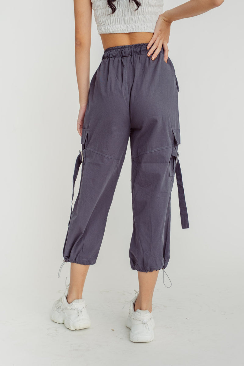 Trent Grey Drawstring Elastic Waist Multi-Pockets Cargo Pants