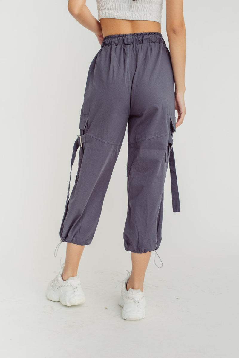 Trent Grey Drawstring Elastic Waist Multi-Pockets Cargo Pants