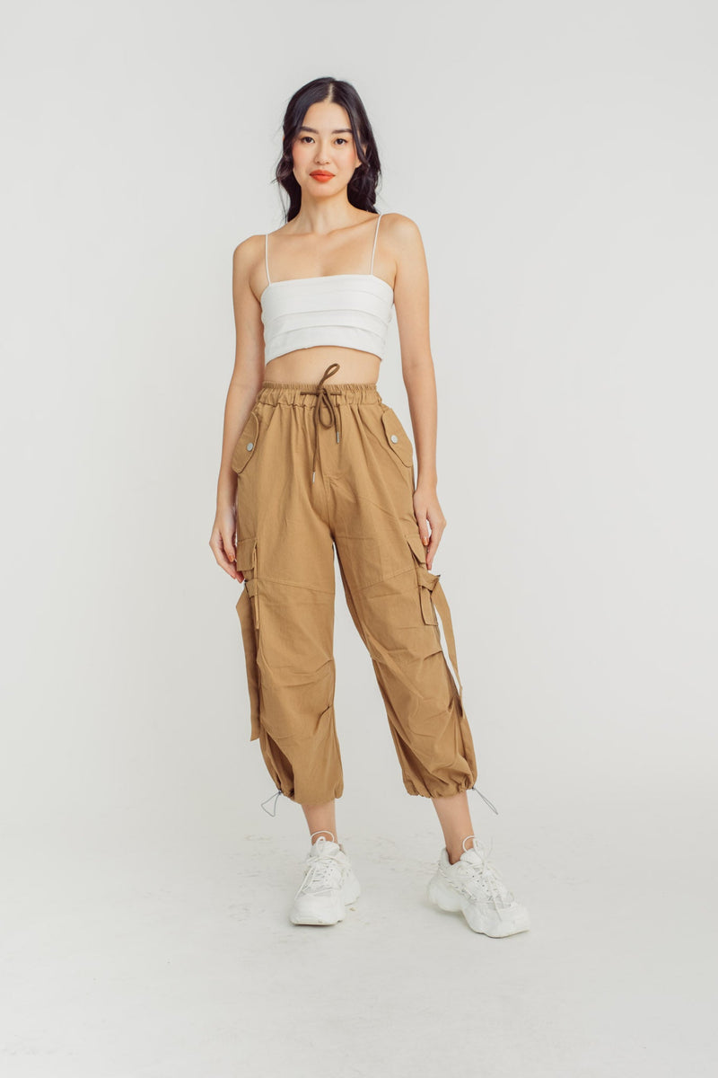 Trent Khaki Drawstring Elastic Waist Multi-Pockets Cargo Pants