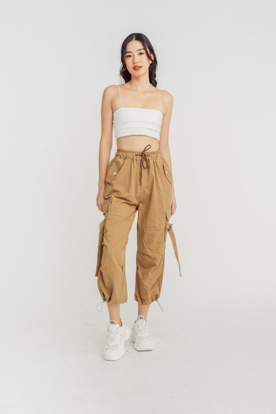 Trent Khaki Drawstring Elastic Waist Multi-Pockets Cargo Pants