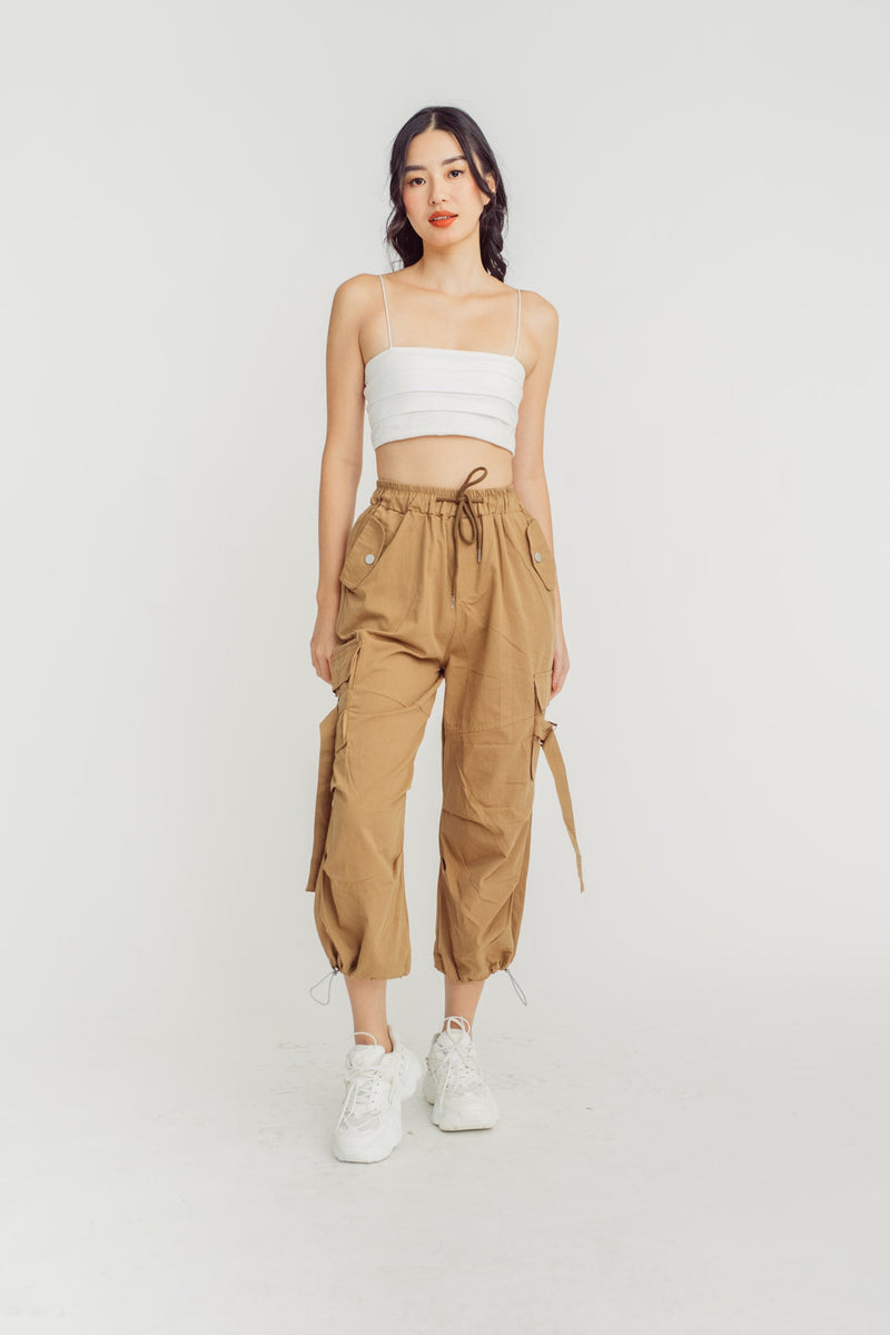Trent Khaki Drawstring Elastic Waist Multi-Pockets Cargo Pants
