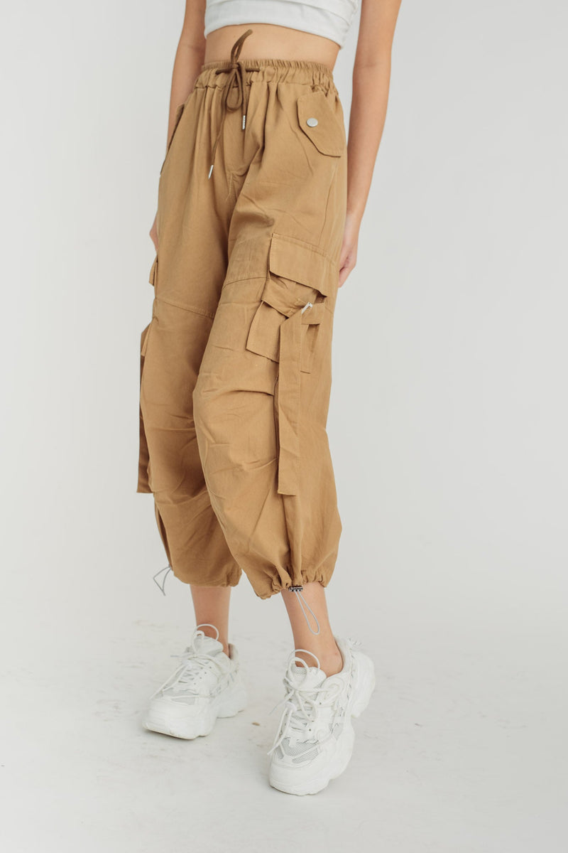 Trent Khaki Drawstring Elastic Waist Multi-Pockets Cargo Pants