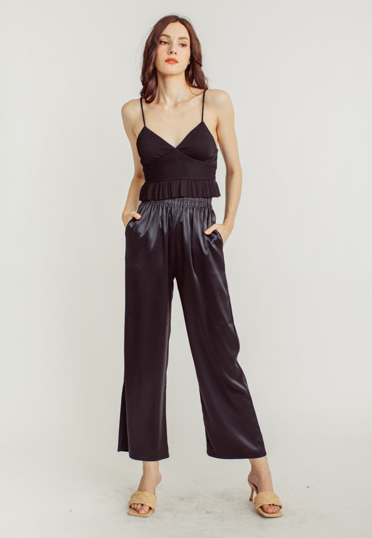 Dimitri Black Silk Elastic Waist Wide Leg Culottes