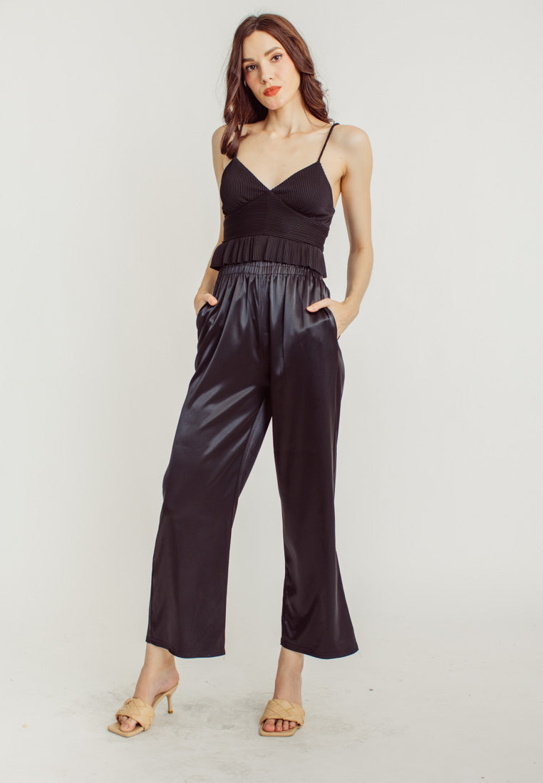 Dimitri Black Silk Elastic Waist Wide Leg Culottes