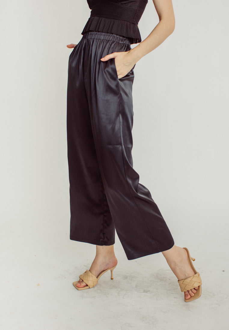 Dimitri Black Silk Elastic Waist Wide Leg Culottes