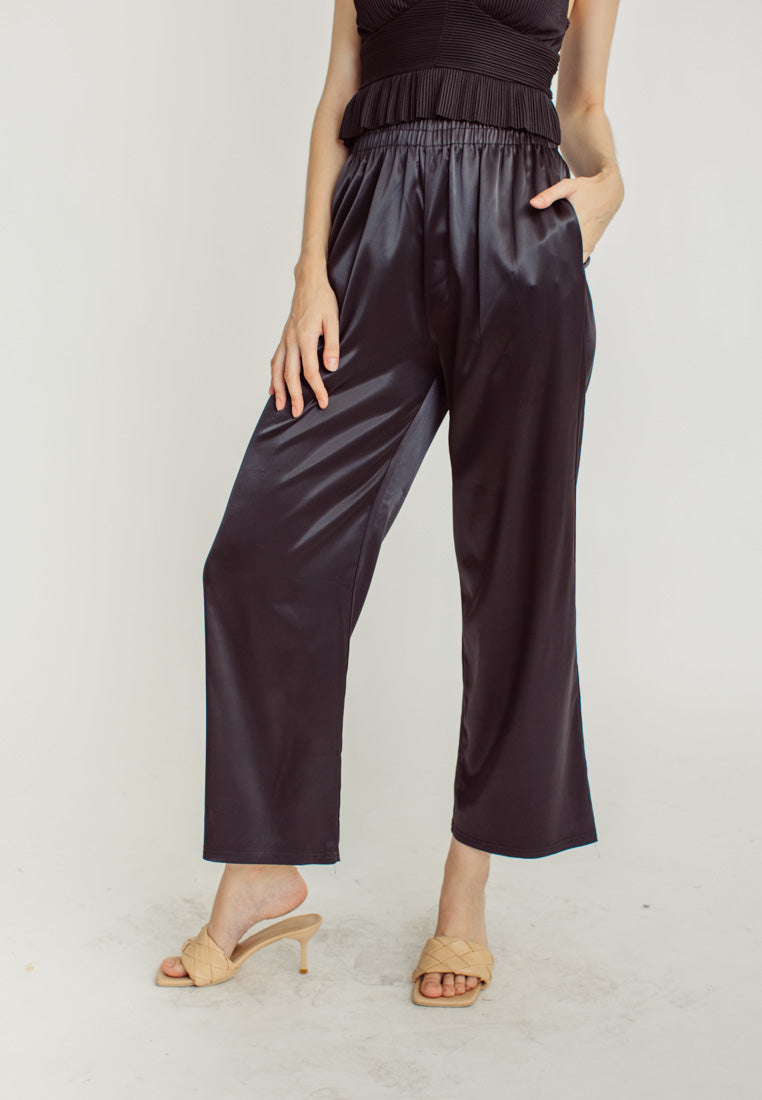 Dimitri Black Silk Elastic Waist Wide Leg Culottes