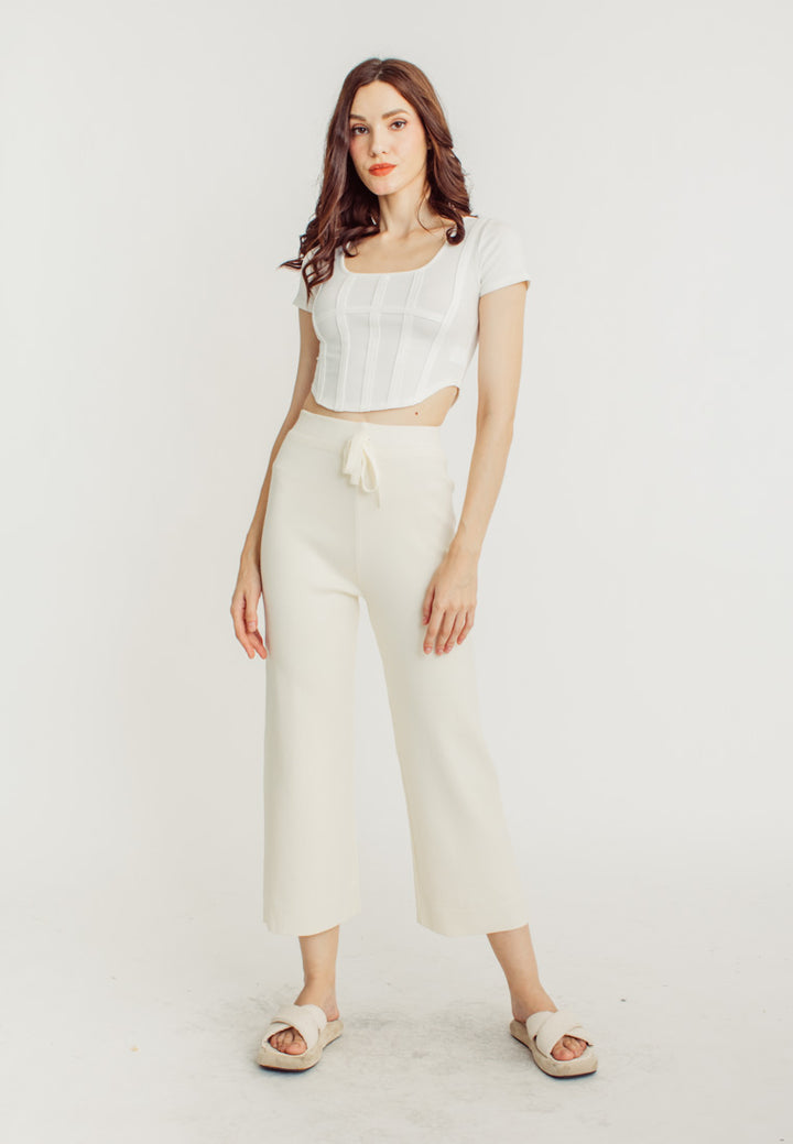 Tucker Cream Knitted Drawstring Elastic Waist Culottes