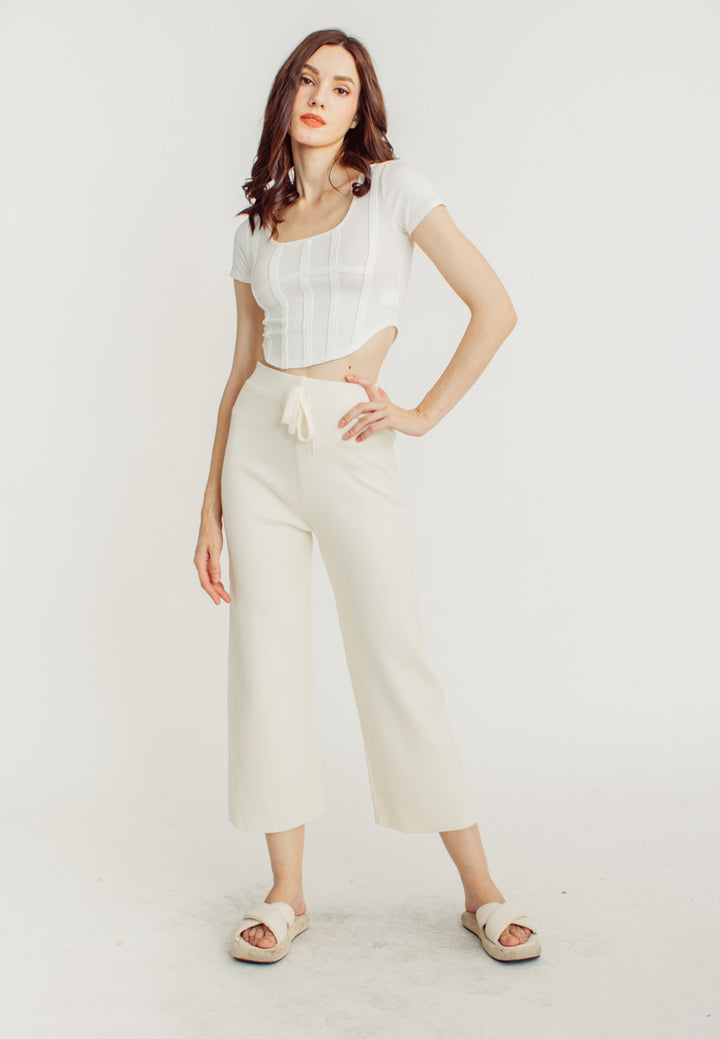 Tucker Cream Knitted Drawstring Elastic Waist Culottes