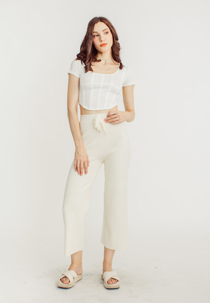 Tucker Cream Knitted Drawstring Elastic Waist Culottes