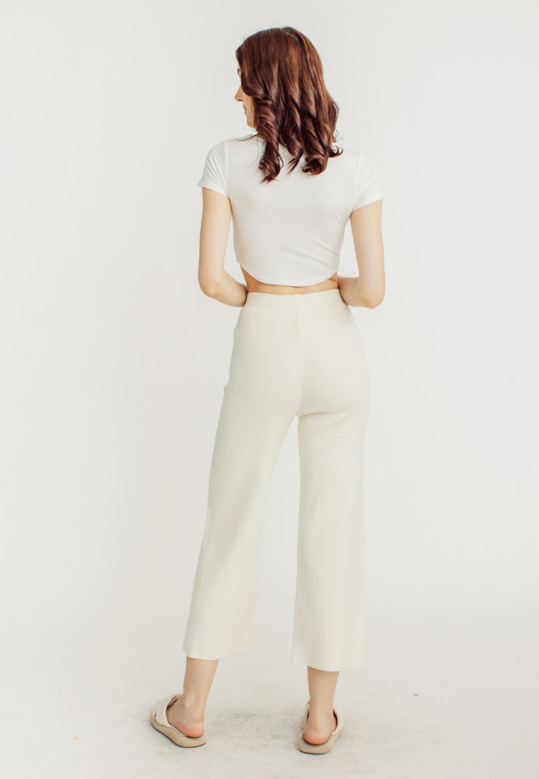 Tucker Cream Knitted Drawstring Elastic Waist Culottes