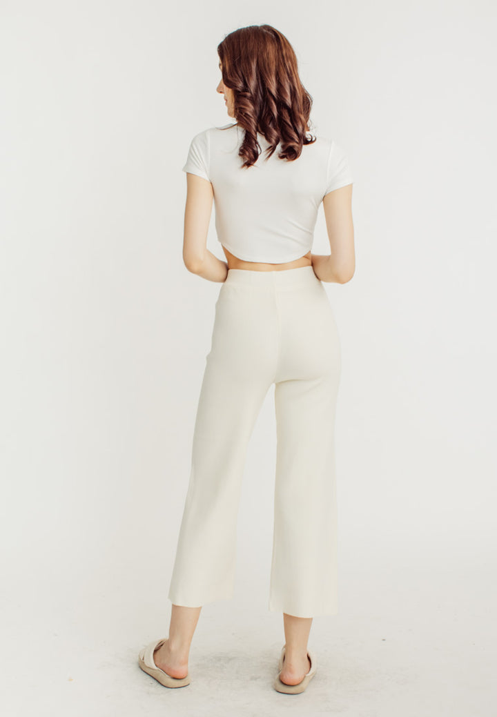 Tucker Cream Knitted Drawstring Elastic Waist Culottes