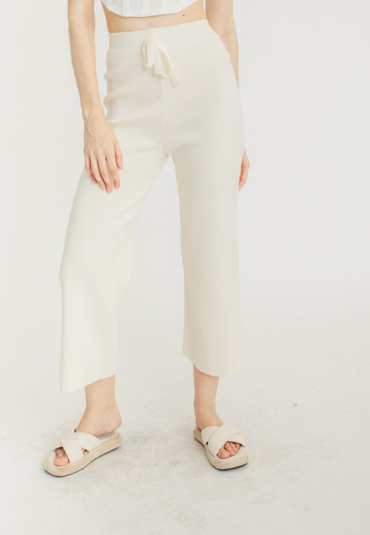 Tucker Cream Knitted Drawstring Elastic Waist Culottes