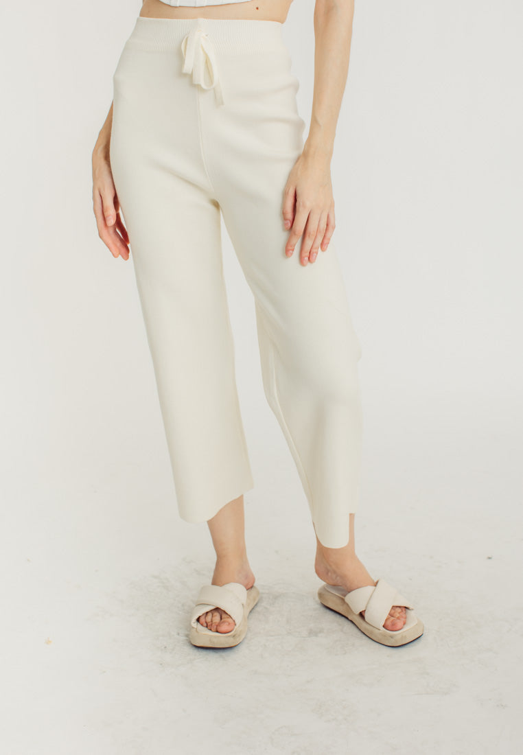 Tucker Cream Knitted Drawstring Elastic Waist Culottes