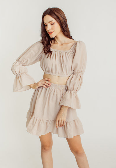 Crishna Beige Checkered Long Sleeves Crop Top and Elastic Waist Mini Skirt Set