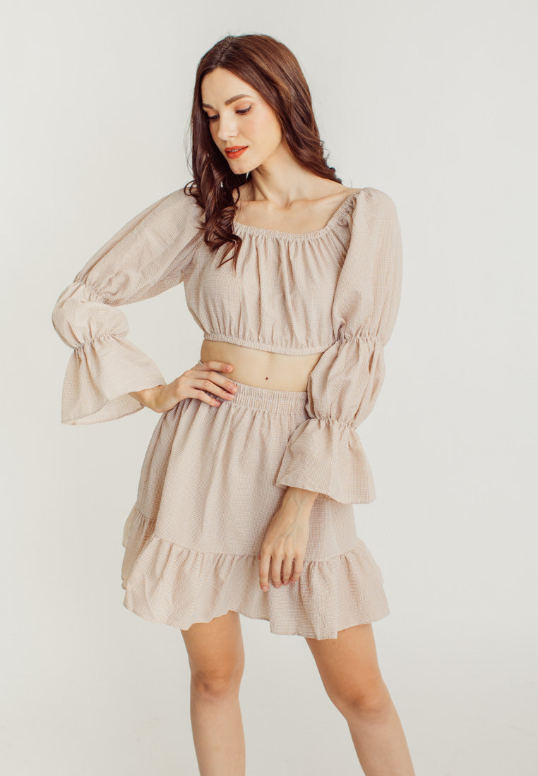 Crishna Beige Checkered Long Sleeves Crop Top and Elastic Waist Mini Skirt Set