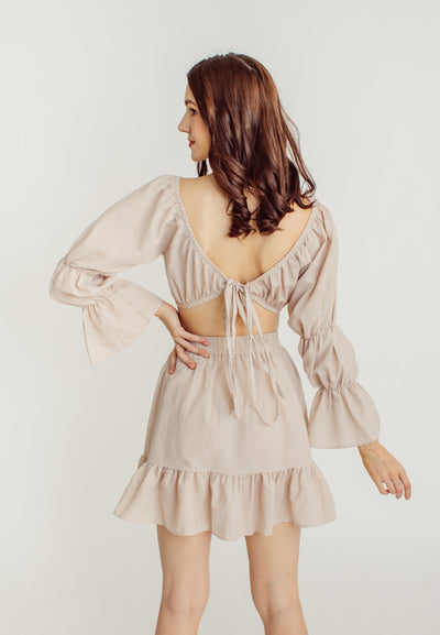 Crishna Beige Checkered Long Sleeves Crop Top and Elastic Waist Mini Skirt Set