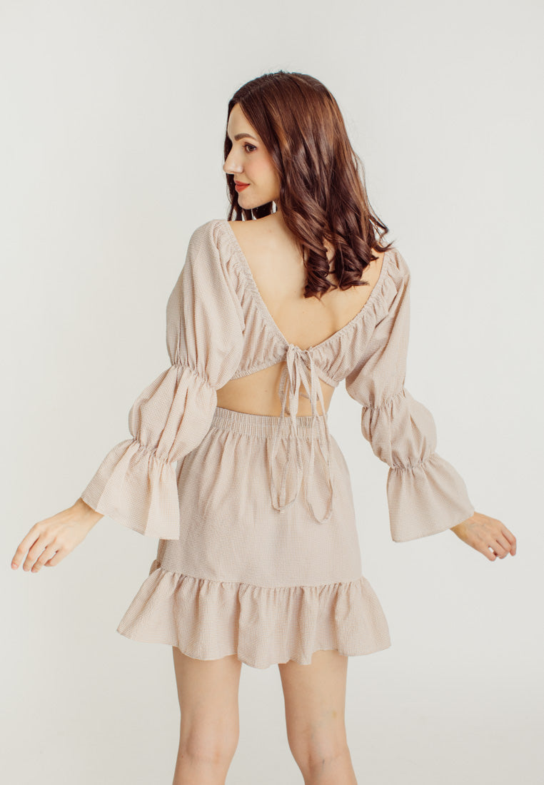 Crishna Beige Checkered Long Sleeves Crop Top and Elastic Waist Mini Skirt Set