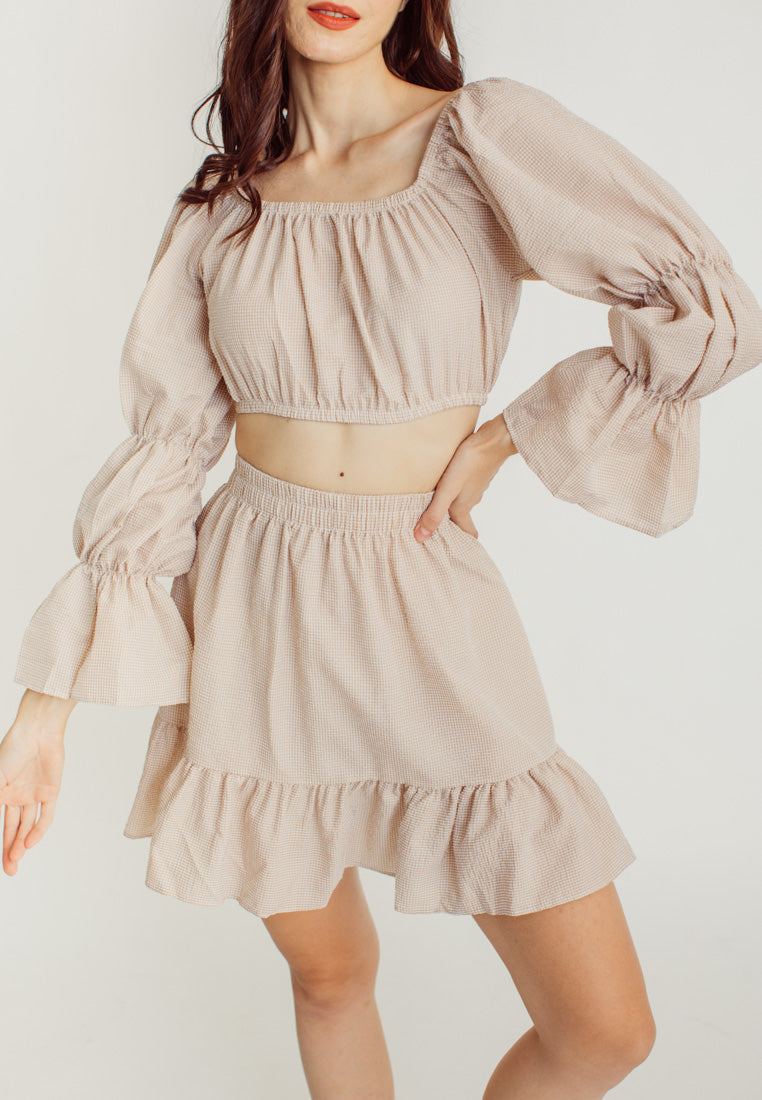 Crishna Beige Checkered Long Sleeves Crop Top and Elastic Waist Mini Skirt Set