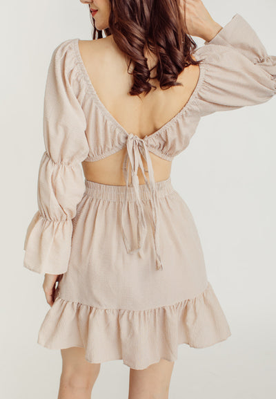 Crishna Beige Checkered Long Sleeves Crop Top and Elastic Waist Mini Skirt Set