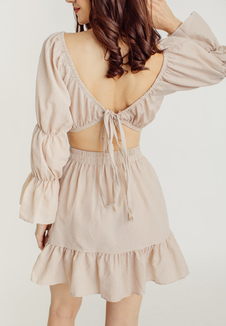 Crishna Beige Checkered Long Sleeves Crop Top and Elastic Waist Mini Skirt Set