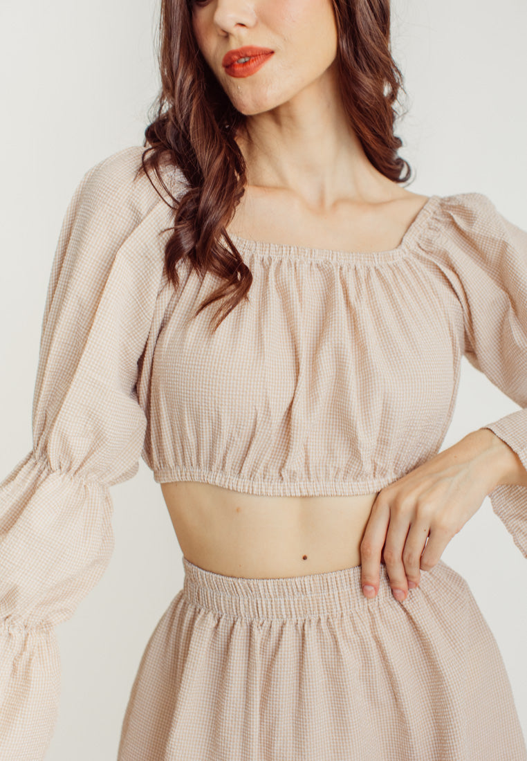 Crishna Beige Checkered Long Sleeves Crop Top and Elastic Waist Mini Skirt Set