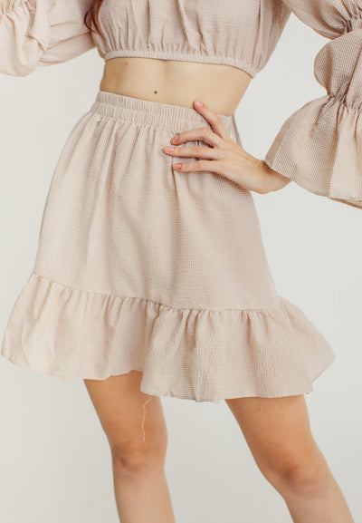 Crishna Beige Checkered Long Sleeves Crop Top and Elastic Waist Mini Skirt Set