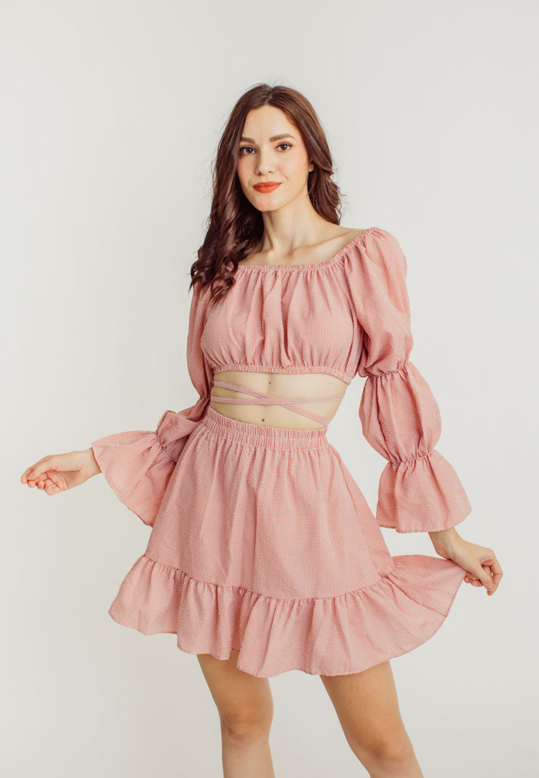 Crishna Pink Checkered Long Sleeves Crop Top and Elastic Waist Mini Skirt Set