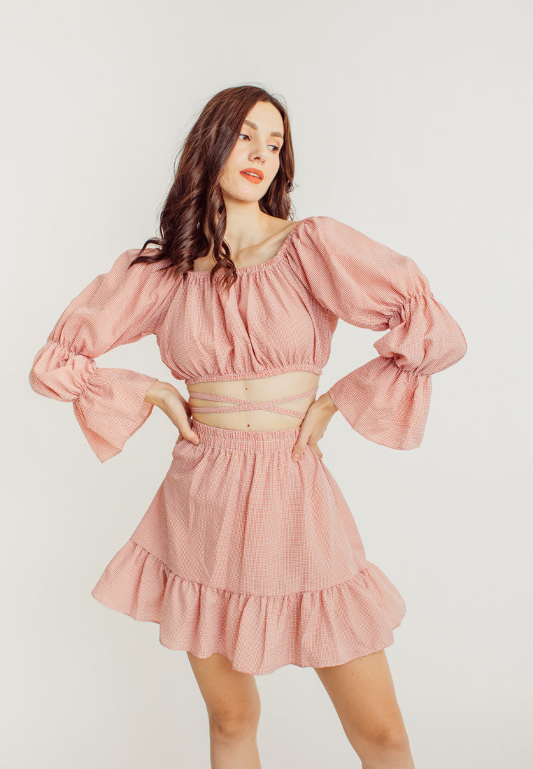Crishna Pink Checkered Long Sleeves Crop Top and Elastic Waist Mini Skirt Set