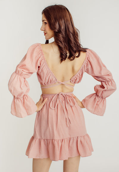 Crishna Pink Checkered Long Sleeves Crop Top and Elastic Waist Mini Skirt Set