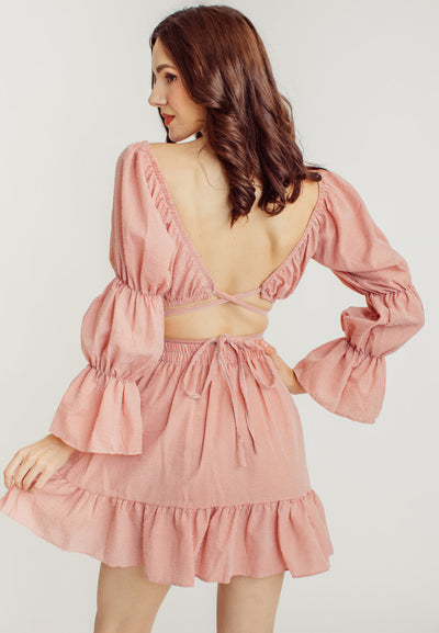 Crishna Pink Checkered Long Sleeves Crop Top and Elastic Waist Mini Skirt Set