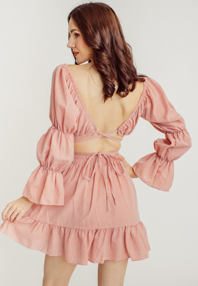 Crishna Pink Checkered Long Sleeves Crop Top and Elastic Waist Mini Skirt Set