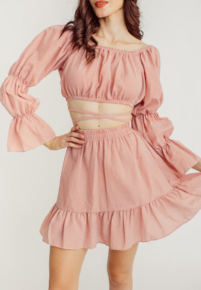 Crishna Pink Checkered Long Sleeves Crop Top and Elastic Waist Mini Skirt Set