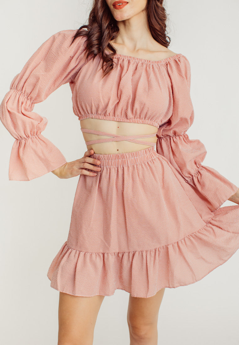 Crishna Pink Checkered Long Sleeves Crop Top and Elastic Waist Mini Skirt Set