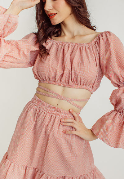Crishna Pink Checkered Long Sleeves Crop Top and Elastic Waist Mini Skirt Set