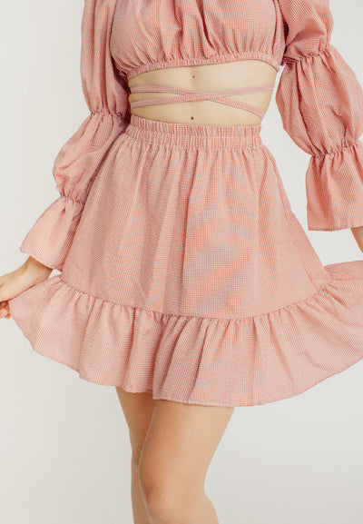 Crishna Pink Checkered Long Sleeves Crop Top and Elastic Waist Mini Skirt Set