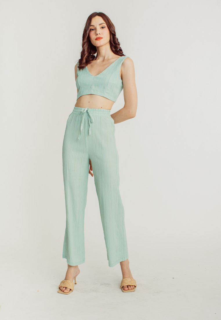 Misty Green V Neck Sleeveless Crop Top Elastic Waist Straight Cut Culottes Set