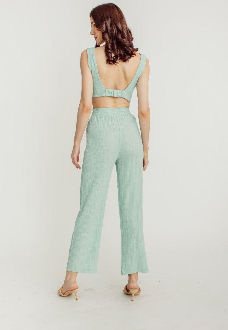 Misty Green V Neck Sleeveless Crop Top Elastic Waist Straight Cut Culottes Set